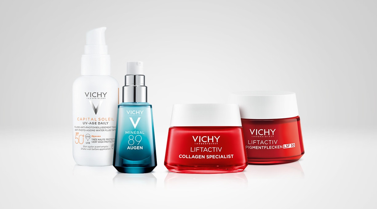 Eine Auswahl an verschiedenen Anti-Aging-Produkten von Vichy auf einem hellen Hintergrund. 