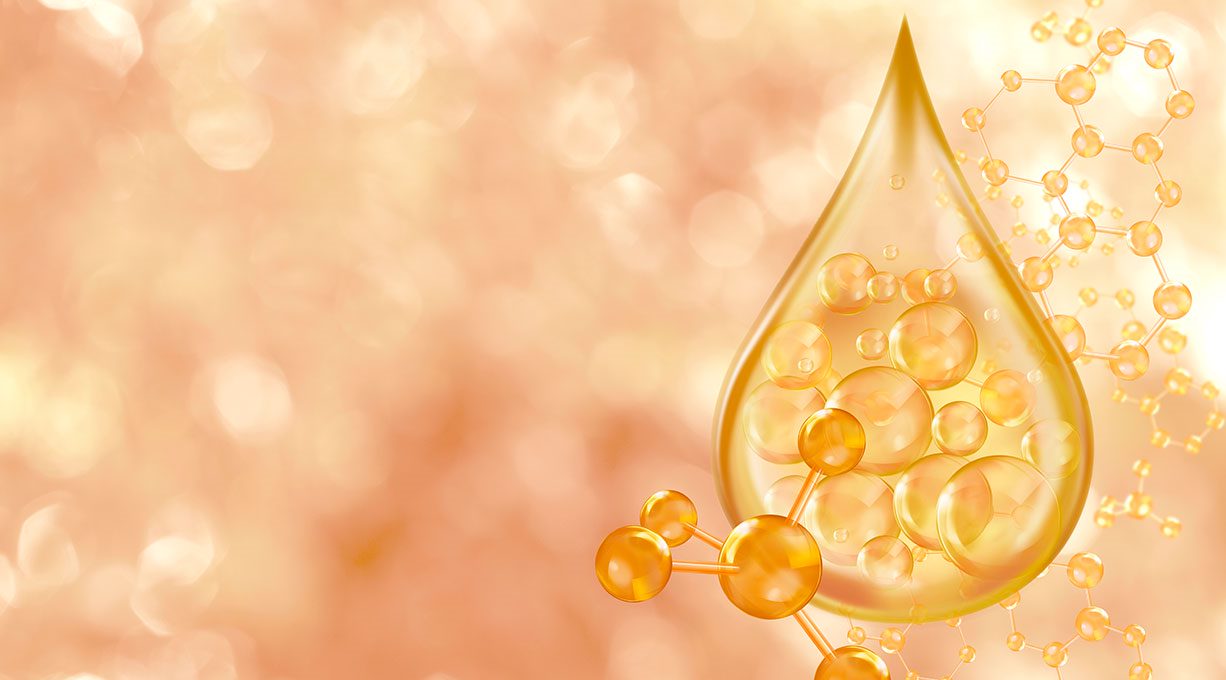 Illustration eines goldenen Tropfens mit Molekülstrukturen als Symbol für Kollagen in Hautpflegeprodukten