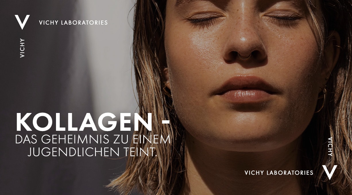 Junge Frau mit geschlossenen Augen und dem Text „Kollagen – das Geheimnis zu einem jugendlichen Teint