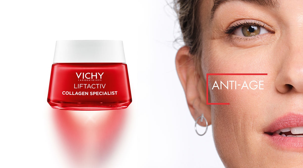 Halbprofil einer Frau, daneben Text Anti-Age und ein Tiegel Vichy LIFTACTIV Collagen Specialist Creme
