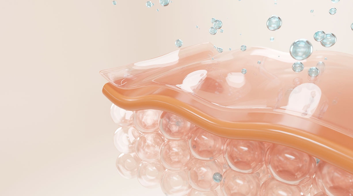 Schematische Darstellung von blauen kugelförmigen Molekülen, die in die Haut eindringen