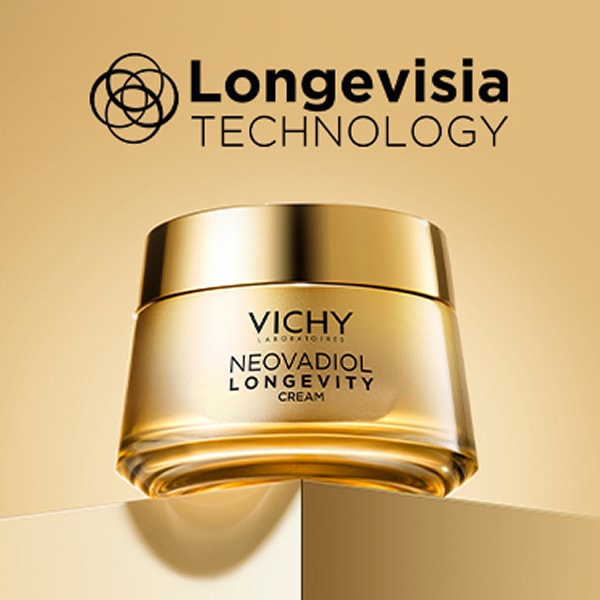 Produktbild der NEOVADIOL Longevity Creme von Vichy mit dem Hinweis auf die Longevisia-Technologie