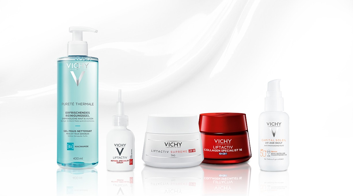 Vichy Anti-Aging-Pflegeserie mit Serum, Creme und Reinigungsgel auf weißem Hintergrund.