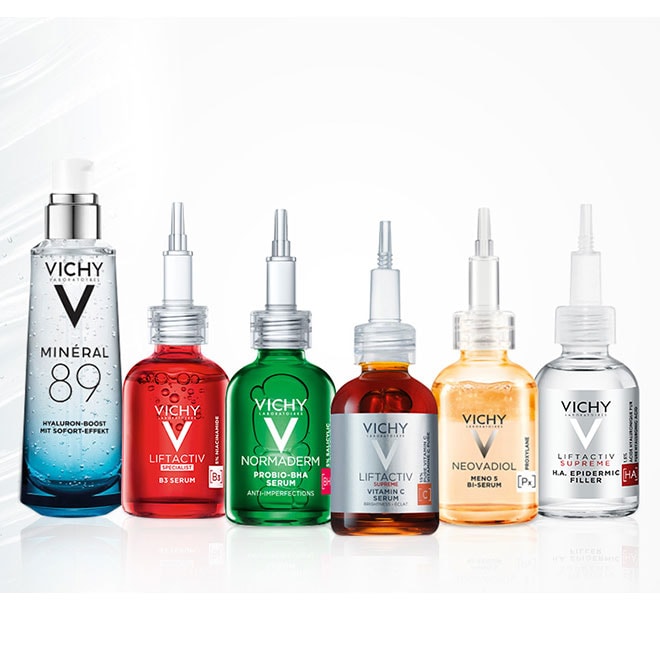 Sechs verschiedene Gesichtsseren von Vichy