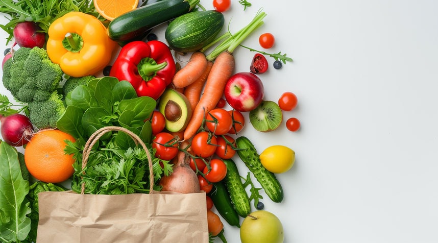 Obst und Gemüse, das aus einer Papiertüte ausgeschüttet wurde