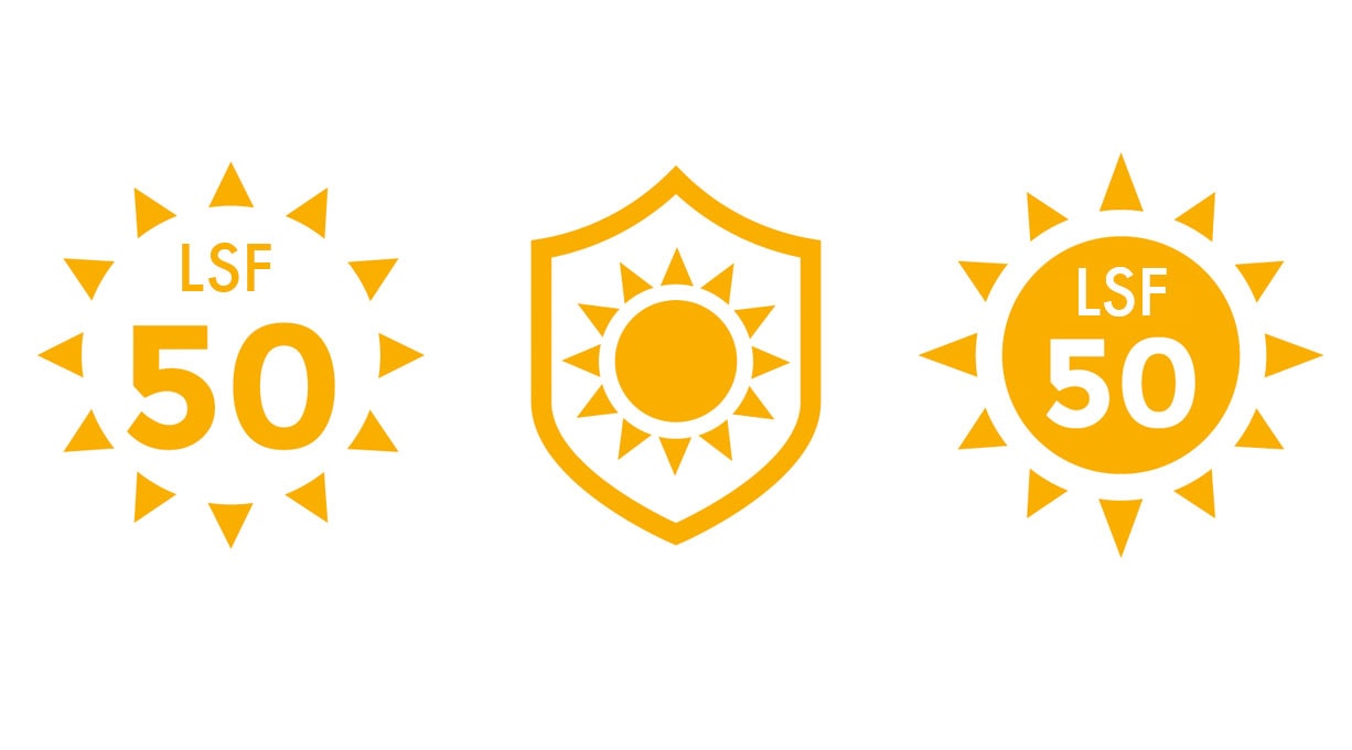 Lichtschutzfaktor 50 mit einem grafischen Sonnensymbol