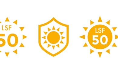 Lichtschutzfaktor 50 mit einem grafischen Sonnensymbol