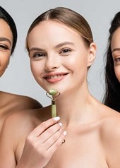 Drei junge Frauen halten verschiedene Gua Sha Tools für das Gesicht in der Hand