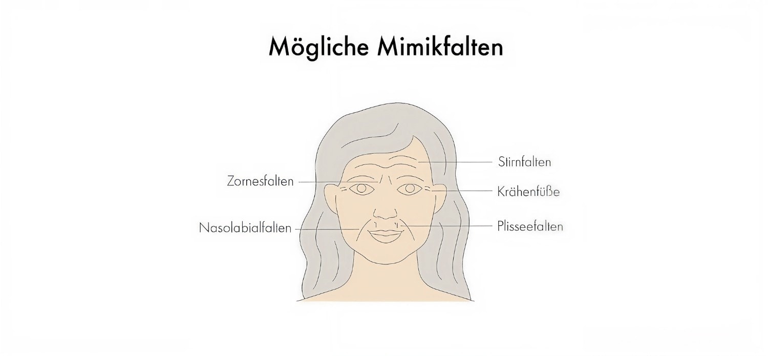 Grafik zu möglichen Mimikfalten im Gesicht mit Stirnfalten, Krähenfüßen, Zornesfalten, Plisseefalten und Nasolabialfalten