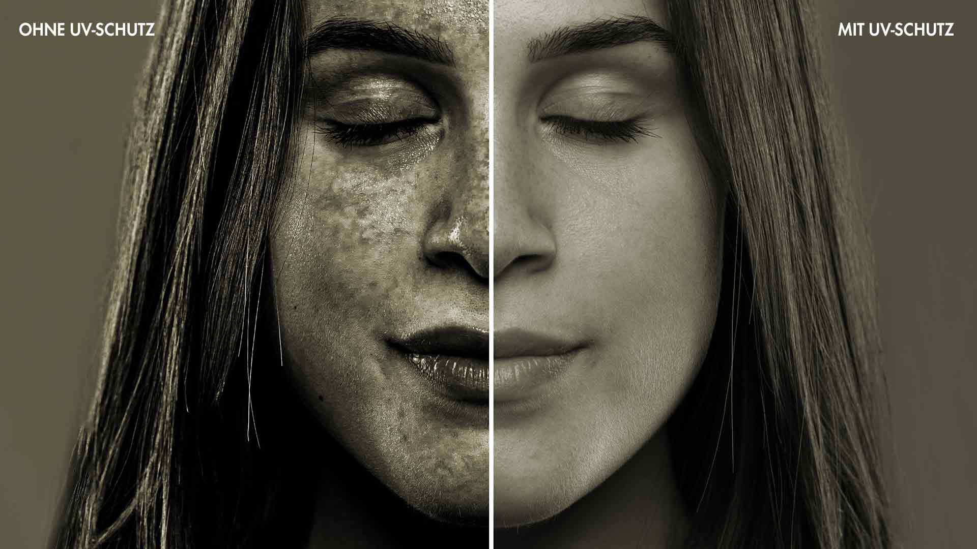 Vergleich des Gesichts einer jungen Frau mit und ohne Schäden auf der Haut verursacht durch UV-Strahlung