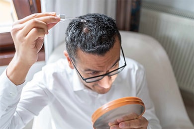 Mann trägt Haarverlust-Serum mit Pipette auf die Kopfhaut auf und schaut in einen Handspiegel