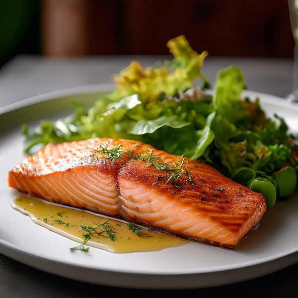 Gebratenes Lachsfilet mit grünen Blattsalaten und Kräutern auf weißem Teller