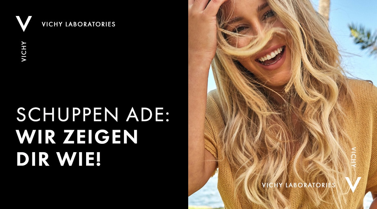 Links schwarz mit weißer Schrift „Schuppen ade: Wir zeigen dir wie!“ und rechts eine lächelnde, blonde Frau