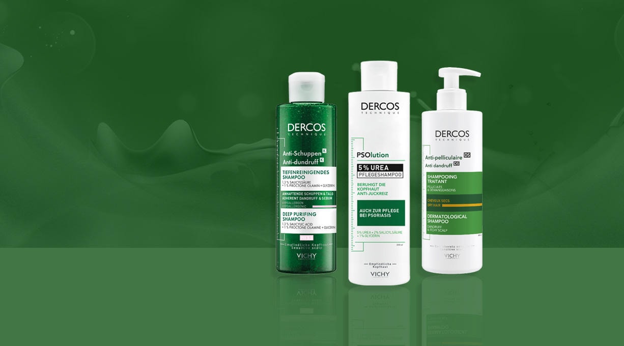 Produktcollage aus drei Vichy Dercos Anti-Schuppen-Shampoos 