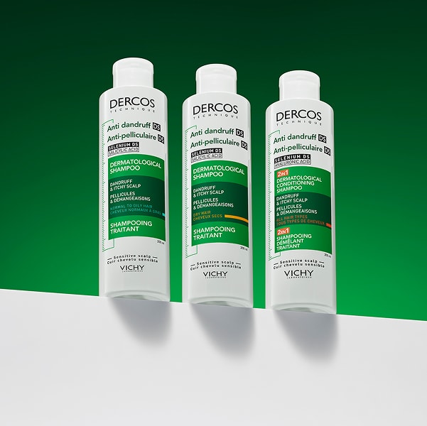 Produkt-Vorstellung von 3 DERCOS Shampoo-Varianten für verschiedene Anliegen der Kopfhaut