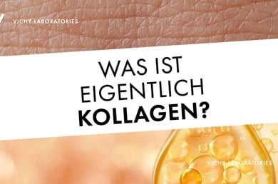 Nahaufnahme von Haut und ein Molekül mit der Aufschrift „Was ist eigentlich Kollagen?“
