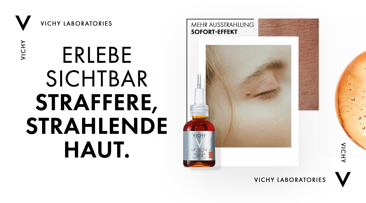 Der Schriftzug „Erlebe sichtbar straffere, strahlende Haut“ neben Vichy LIFTACTIV Vitamin C Serum und einer gepflegten Frau 