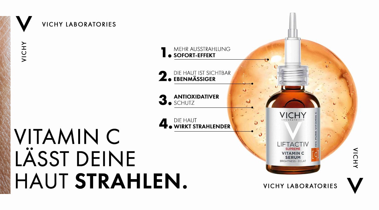 Abbildung des LIFTACTIV Vitamin C Serums von Vichy und dem Text „Vitamin C lässt deine Haut strahlen“