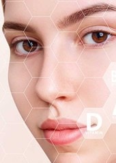 Halbprofil einer Frau, unterlegt mit wabenartigem Muster, in dem Vitamin D, Vitamin A, Vitamin B12, Vitamin E und Vitamin C hervorgehoben sind.