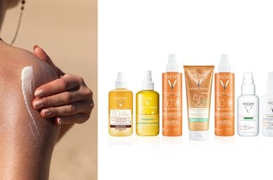 Eine Person cremt ihre Schulter mit Sonnencreme ein und daneben stehen Vichy Sonnenschutzprodukte, die vor UVA-Strahlen schützen