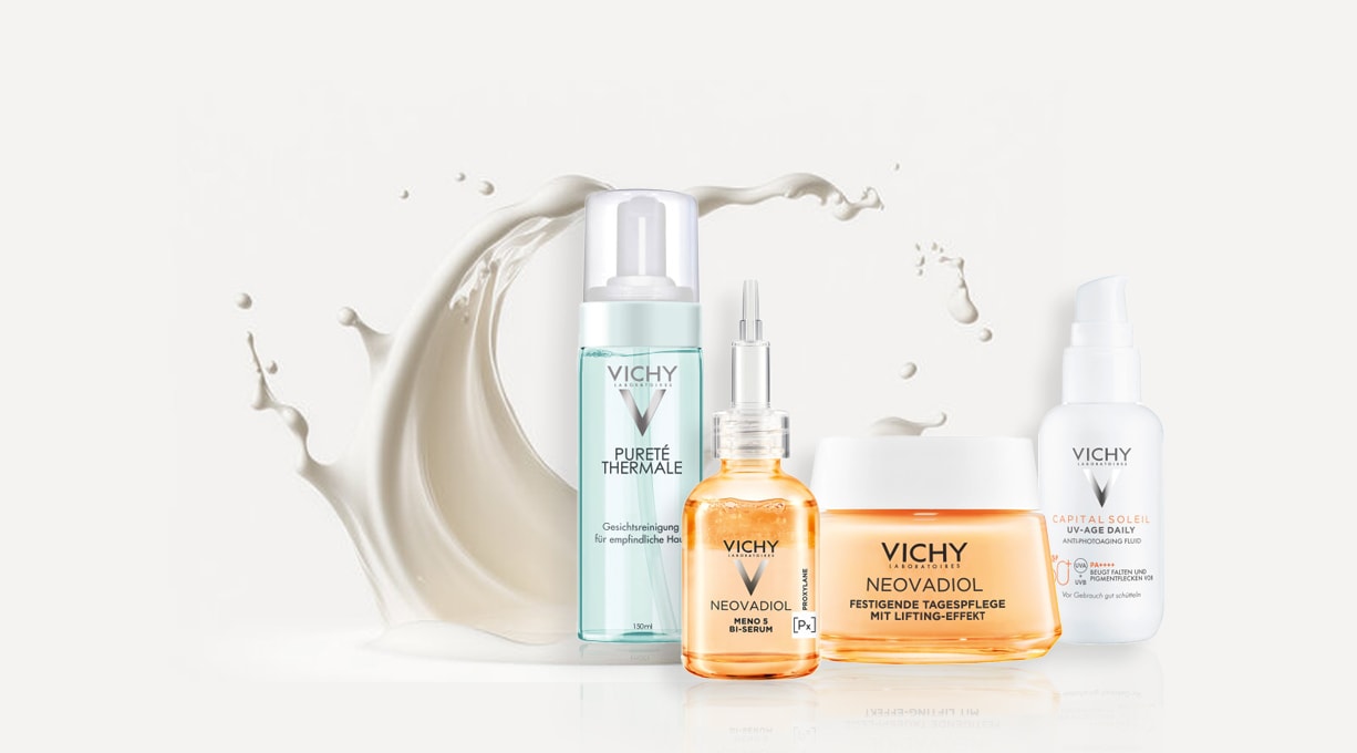 Eine Collage der Vichy Produkte PURETÉ Thermale Reinigungsschaum, Meno 5 Serum, Neovadiol Festigende Tagespflege und UV Age Daily LSF 50