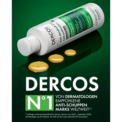 Flasche Dercos Anti-Schuppen-Shampoo von Vichy auf grünem Hintergrund, daneben vier Tropfen Shampoo. Text: „Nr. 1 von Dermatologen empfohlen“.