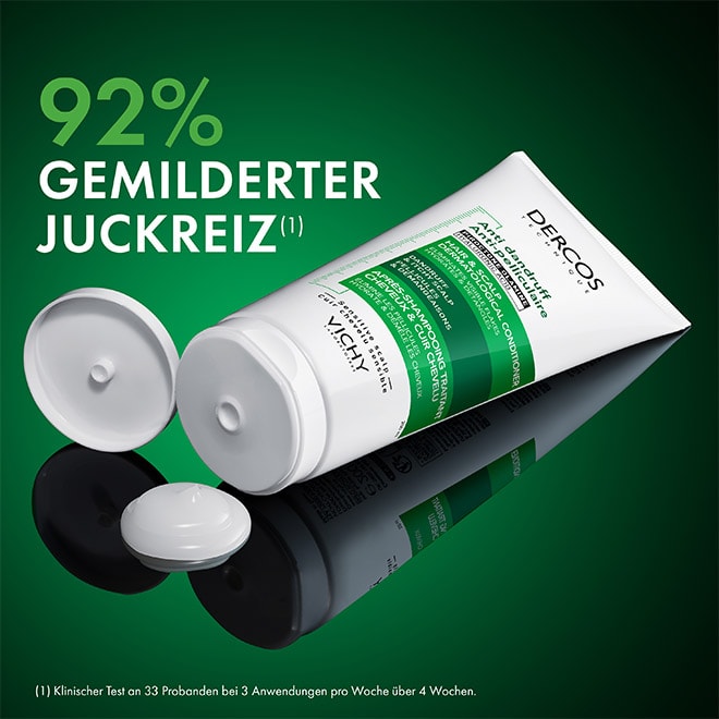 Flasche des Vichy Dercos Anti-Schuppen Conditions, liegend auf grünem Hintergrund. Daneben steht der Text 92 % gemilderter Juckreiz.