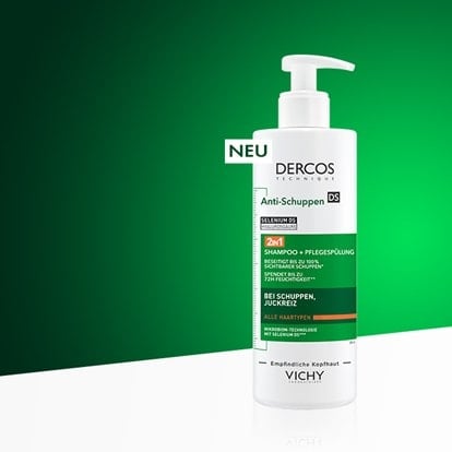Anti-Schuppen Shampoo von Dercos auf grünem Hintergrund. Produkt für alle Haartypen gegen Schuppen und Juckreiz. Mit Mikro-Bioma-Technologie.