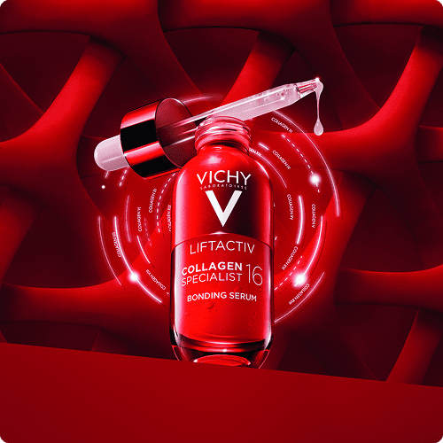 Vichy Liftactiv Collagen Specialist Produkt auf rotem Hintergrund 