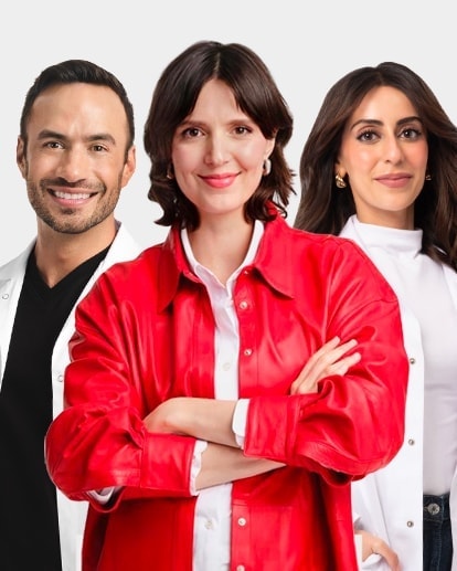 Drei Vichy-Experten in Rot und Weiß: Jessie Inchauspé, Dr. Luke Maxfield und Dr. Aamna Adel