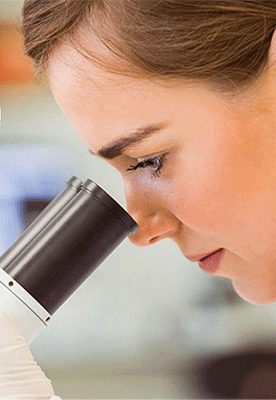 Wissenschaftlerin schaut in ein Mikroskop