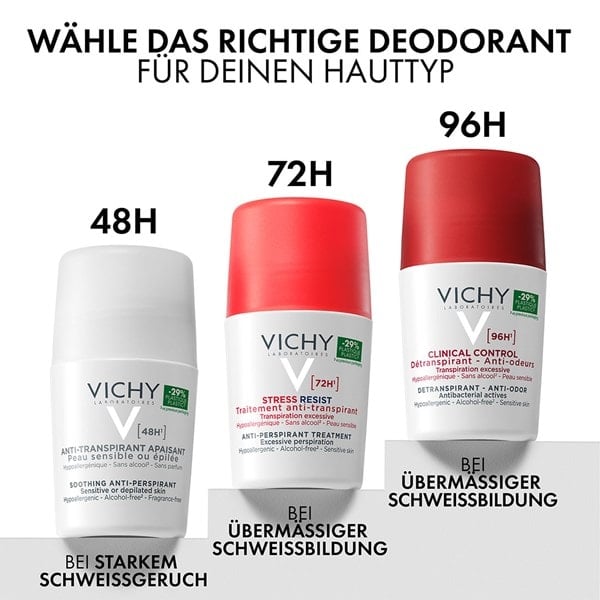 Aufreihung verschiedener Vichy Deodorants für unterschiedliche Hauttypen und 48h, 72h oder 96h Schutz