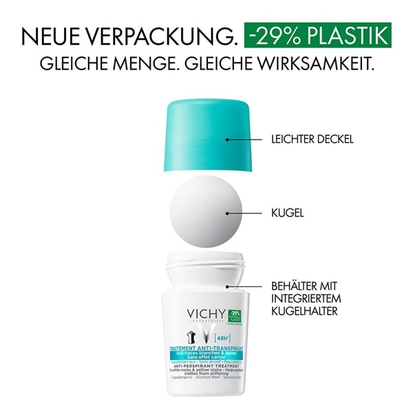 Bild zeigt dekonstruiertes Vichy Anti Transpirant 48h Anti Flecken Deodorant mit neuer Verpackung mir 29 Prozent weniger Plastik
