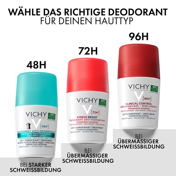 Aufreihung verschiedener Vichy Deodorants für 48h, 72h und 96h Schutz