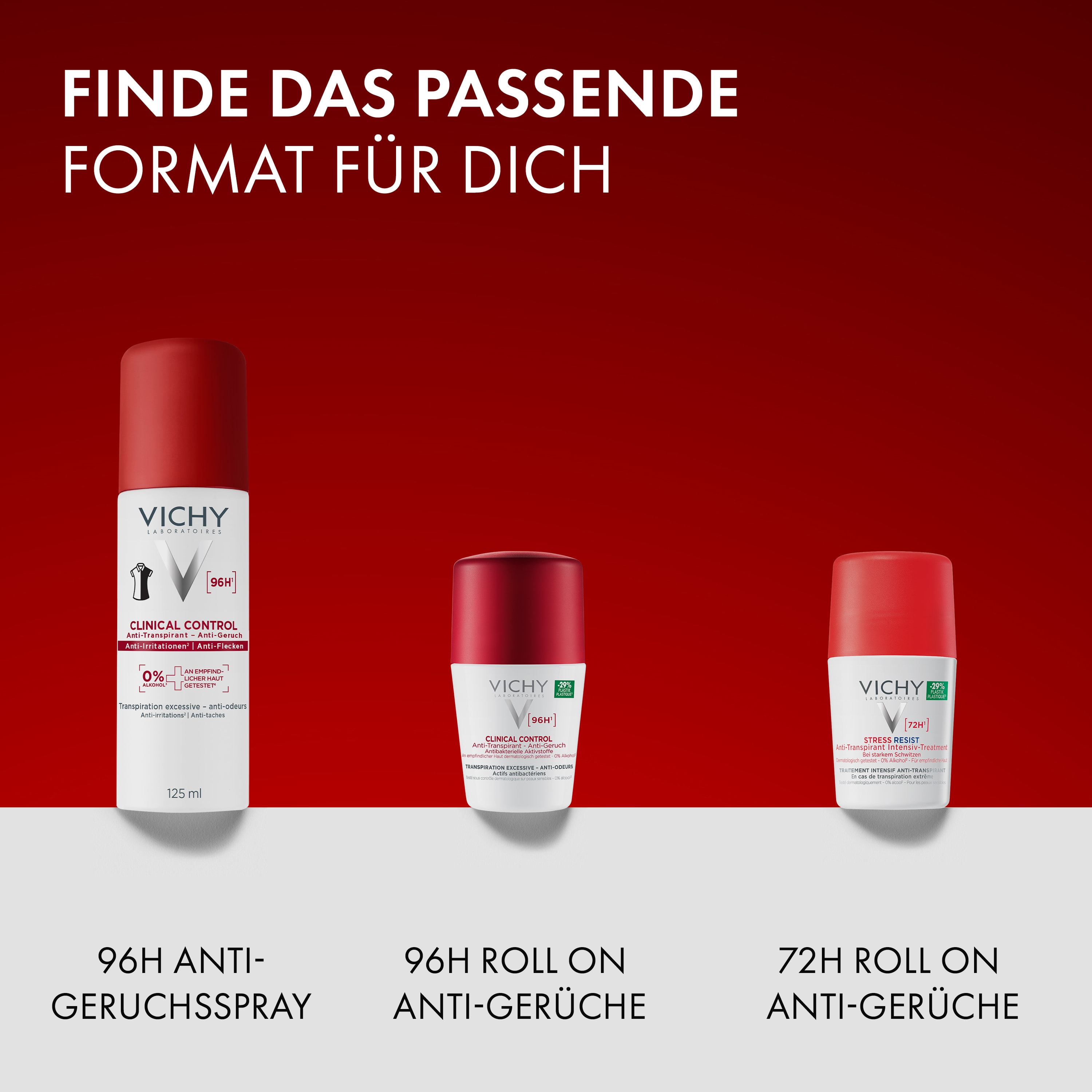 Drei Vichy Clinical Control Deodorants in verschiedenen Formaten, Text im Bild: finde das passende Format, 96h Spray, 96h Roll-on, 72h Roll-on