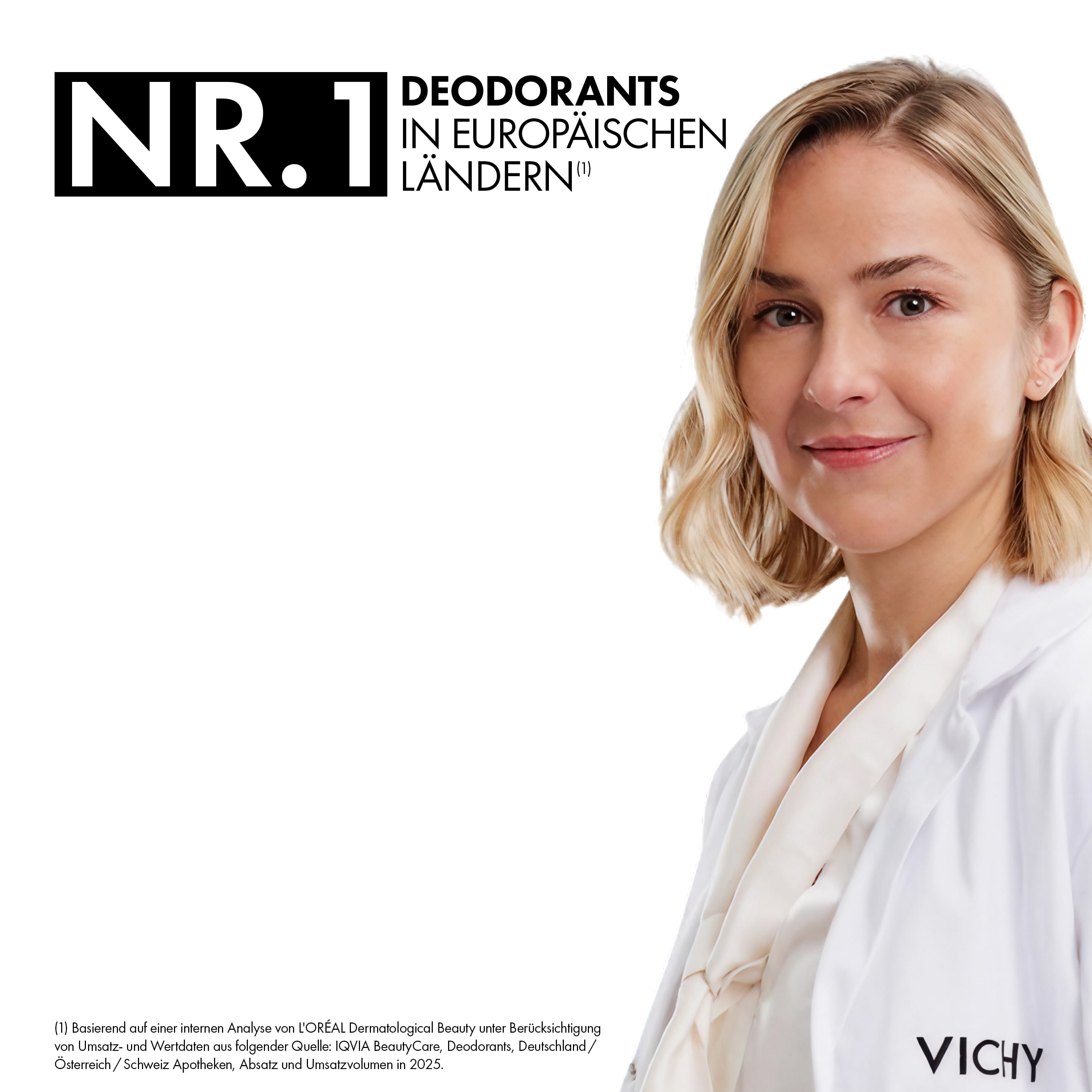 Frau im weißen Kittel mit Vichy-Logo, Text im Bild: Nr. 1 Deodorants in Europa