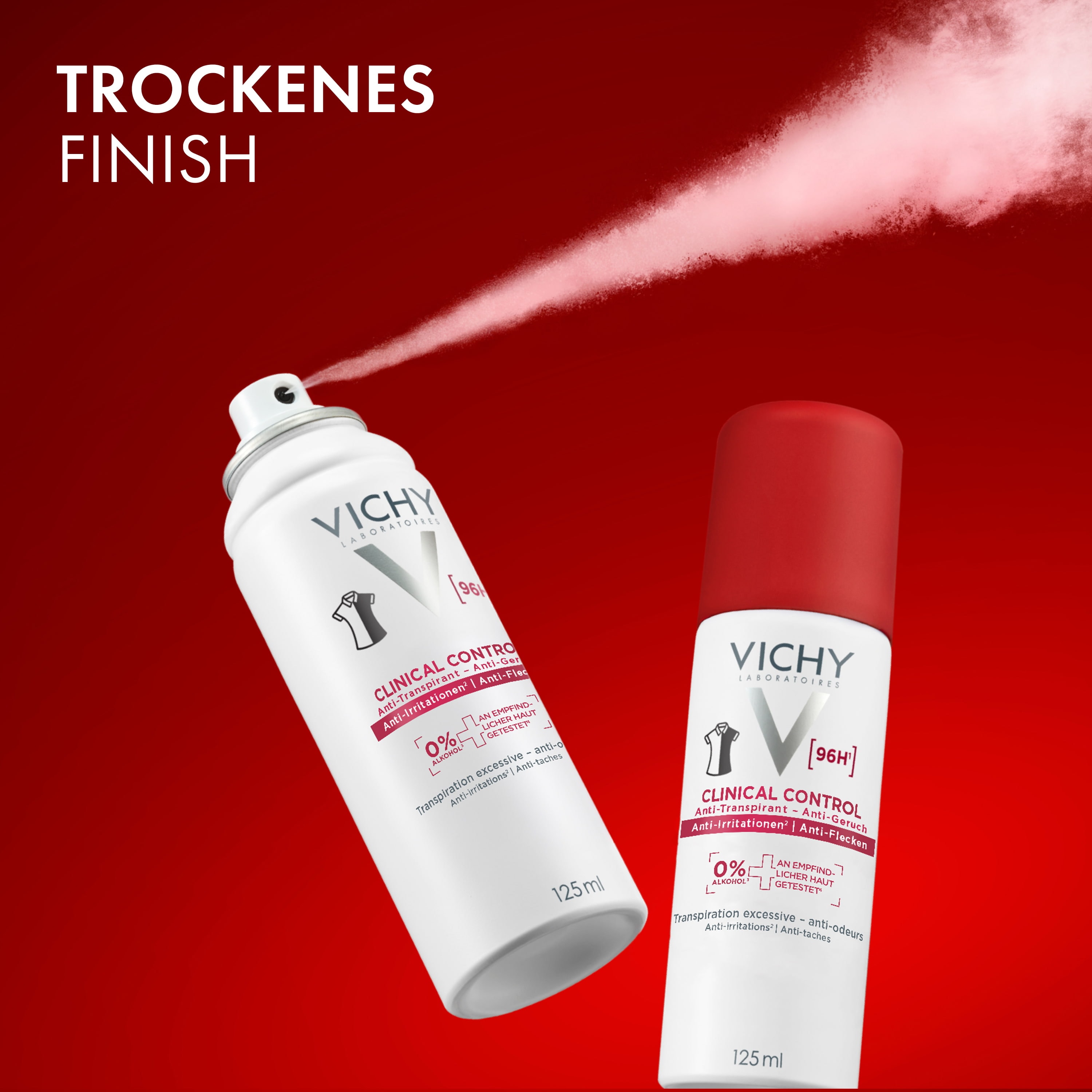 Vichy Clinical Control Deodorant-Spray sprüht feinen Nebel neben einer zweiten Dose, Text im Bild: trockenes Finish