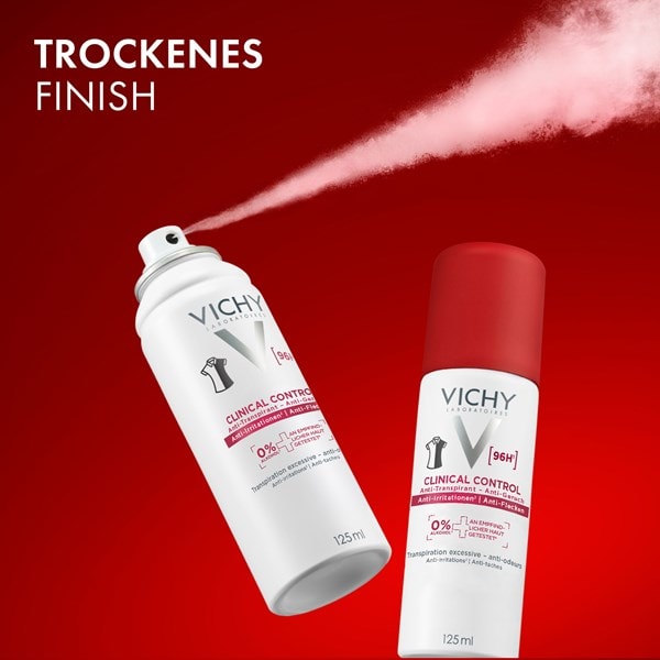 Vichy Clinical Control Deodorant-Spray sprüht feinen Nebel neben einer zweiten Dose, Text im Bild: trockenes Finish