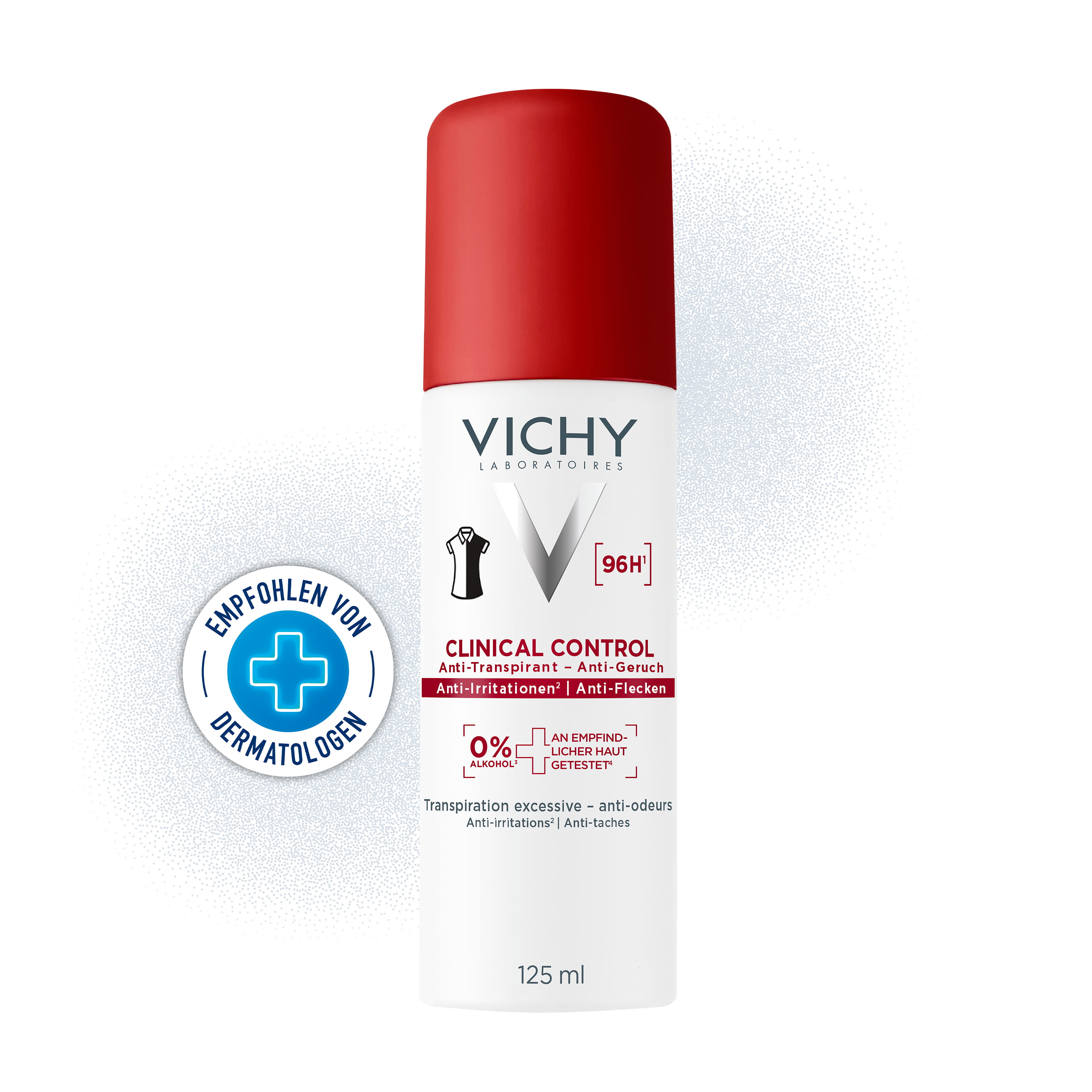 Vichy Clinical Control Deodorant-Spray mit Siegel, Text im Bild: empfohlen von Dermatologen
