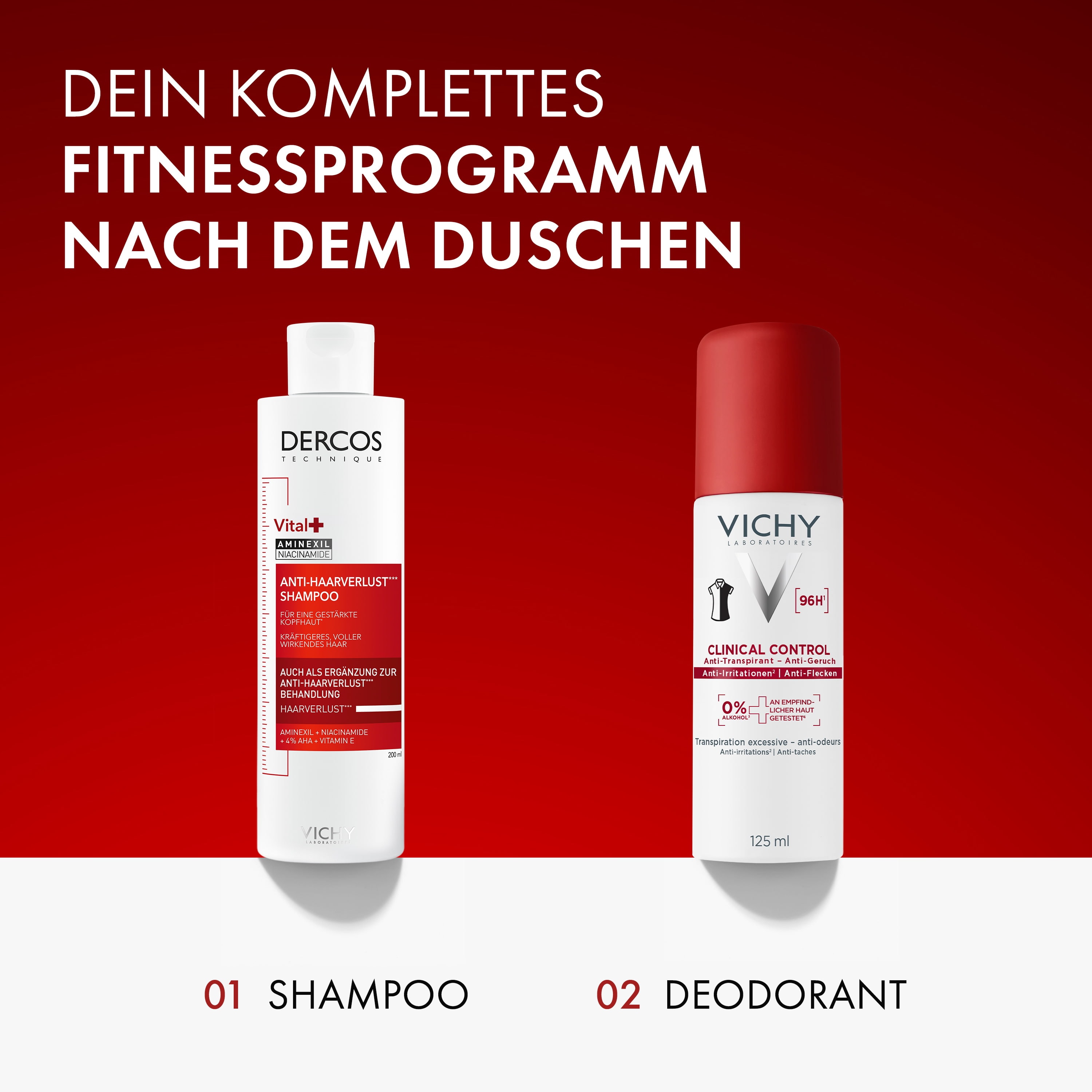 Vichy Dercos Anti-Haarverlust Shampoo und Vichy Clinical Control Deodorant, Text im Bild: komplettes Fitnessprogramm nach dem Duschen