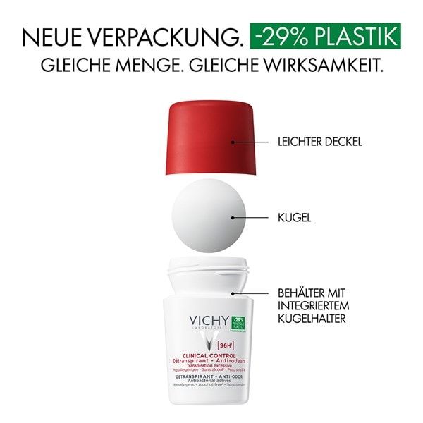 Bild des dekonstruierten VICHY Clinical Control 96h Roll-on Deos für Frauen mit neuer Verpackung mit 29 Prozent weniger Plastik