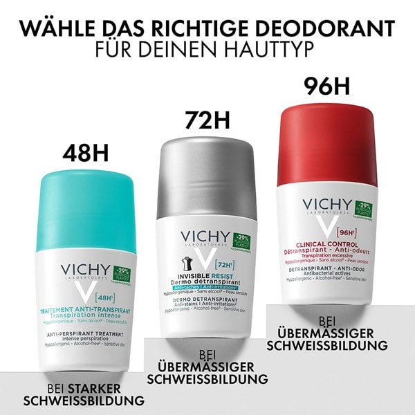 Abbildung verschiedener Vichy Deodorants für 48h, 72h, oder 96h Schutz