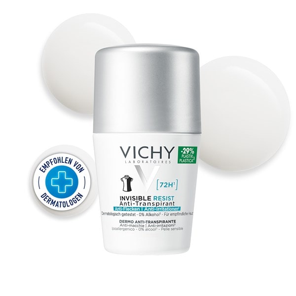 Produktbild des Vichy AT Invisible 72h Roll-on Deodorants mit Derm Logo und Creme Textur im Hintergrund
