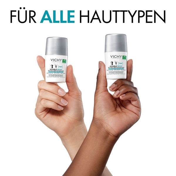 Zwei Hände unterschiedlicher Hauttypen halten jeweils ein Vichy AT Invisible 72h Roll-on Deodorant für alle Hauttypen