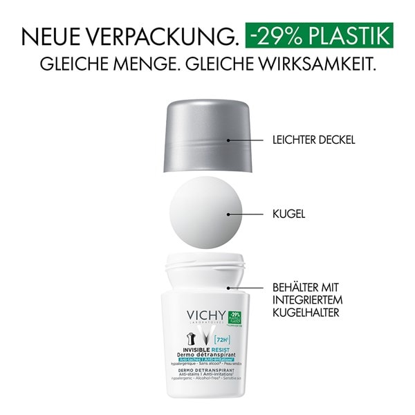 Dekonstruiertes Vichy AT Invisible 72h Roll-on Deodorant mit neuer Verpackung mit 29 Pozent weniger Plastik