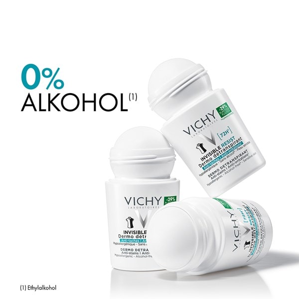 Drei gestapelte Vichy AT Invisible 72h Roll-on Deodorants ohne Kappe mit null Prozent Alkohol