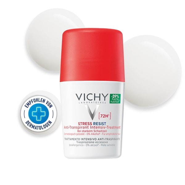 Produktbild VICHY stress resist 72h Roll-on Deodorant mit Derm Logo und Creme Textur im Hintergrund