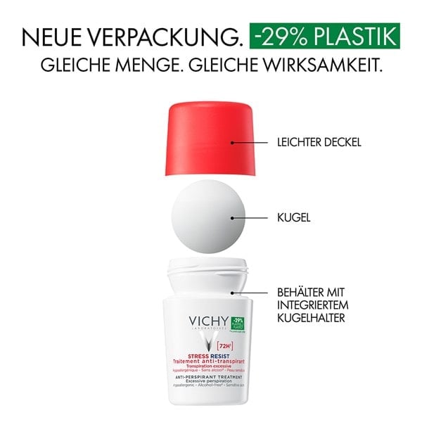 Dekonstruiertes VICHY stress resist 72h Roll-on Deodorant mit neuer Verpackung mit 29 Prozent weniger Plastik.