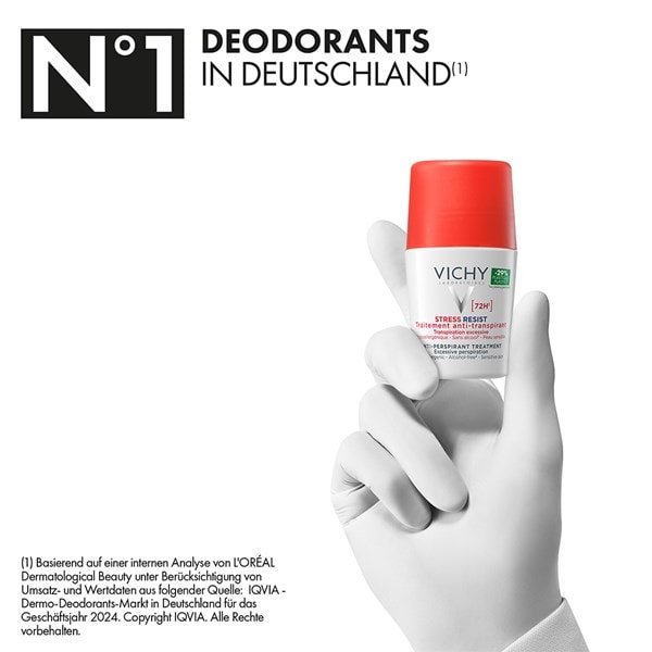 Hand hält das VICHY stress resist 72h Roll-on Deodorant. Einer der Nummer eins Deodorants in Deutschland.