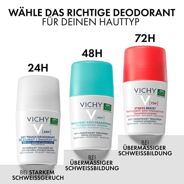 Aufreihung verschiedener Vichy Roll-on Deodorants für deinen Hauttyp und 48h, 72h oder 96h Deoschutz